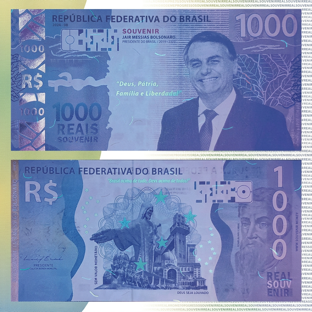 Cédula Souvenir Bolsonaro com frases reativas à luz negra — frente e verso